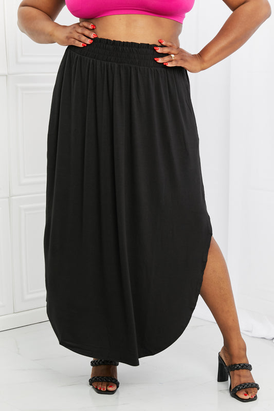 Zenana It's My Time Full Size Side Scoop Scrunch Skirt in Black-Teresa&#39;s Fashionista LLC