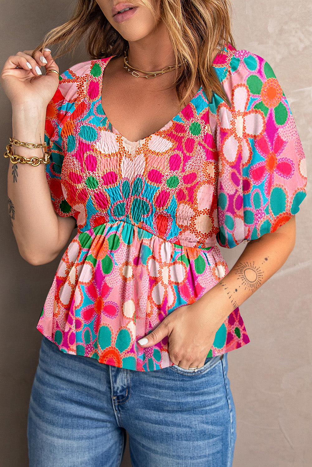 Printed V-Neck Babydoll Blouse-Teresa&#39;s Fashionista LLC