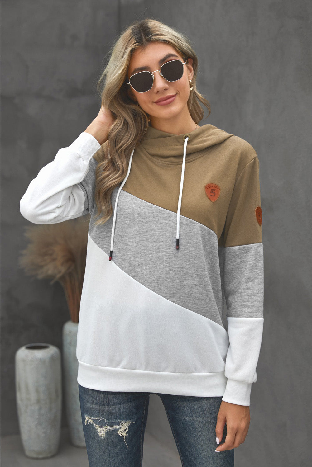 Full Size Range Color Block Cowl Neck Hoodie-Teresa&#39;s Fashionista LLC