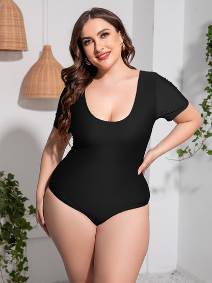 Plus Size Scoop Neck Short Sleeve One-Piece Swimsuit-Teresa&#39;s Fashionista LLC