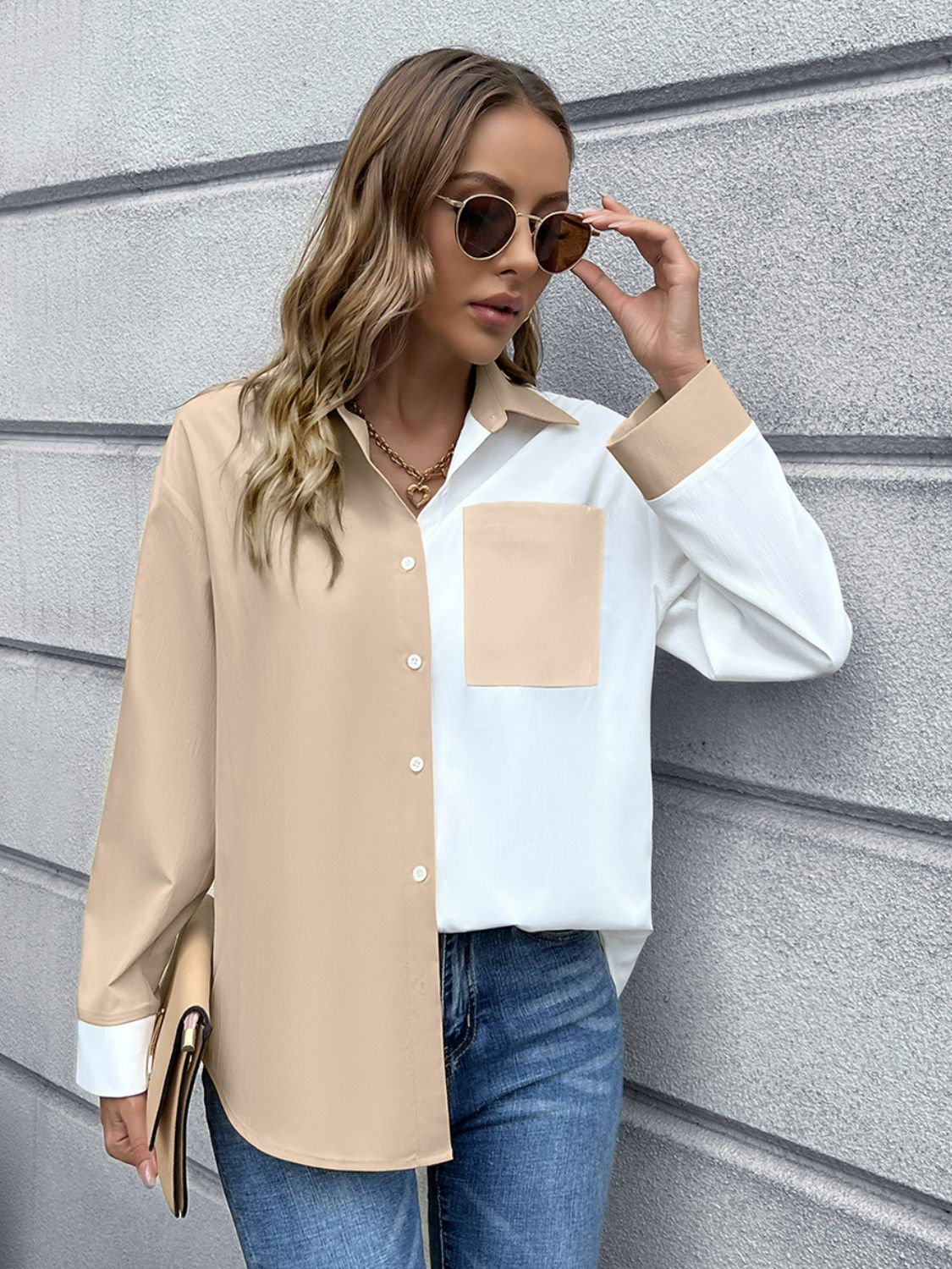 Color Block Button Down Shirt-Teresa&#39;s Fashionista LLC