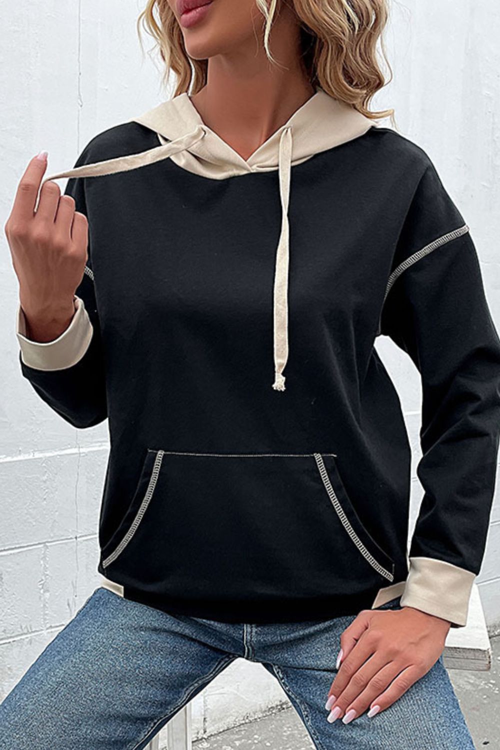 Contrast Drawstring Detail Drop Shoulder Hoodie-Teresa&#39;s Fashionista LLC