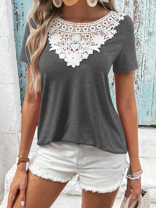 Spliced Lace Contrast Short Sleeve Top-Teresa&#39;s Fashionista LLC