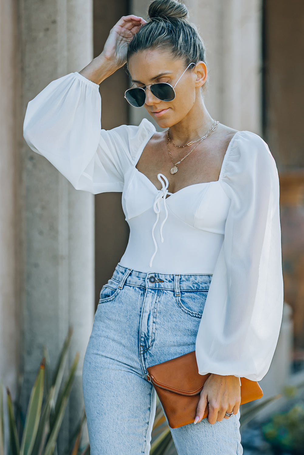 Tied Balloon Sleeve Bodysuit-Teresa&#39;s Fashionista LLC