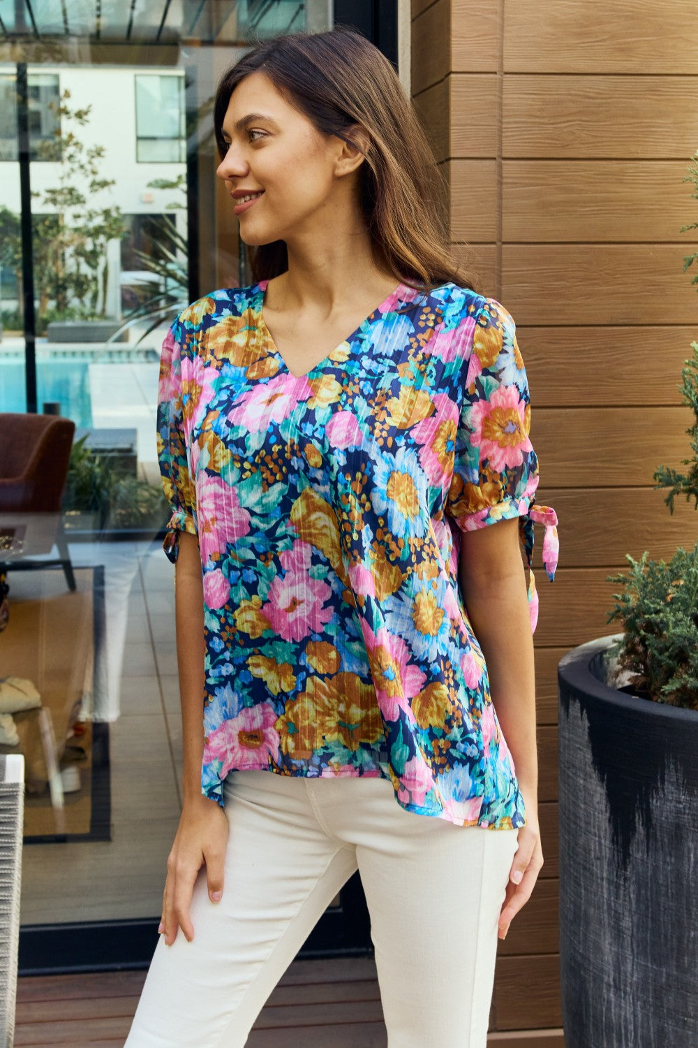 Petal Dew Full Size Floral V-Neck Tie Detail Blouse-Teresa&#39;s Fashionista LLC