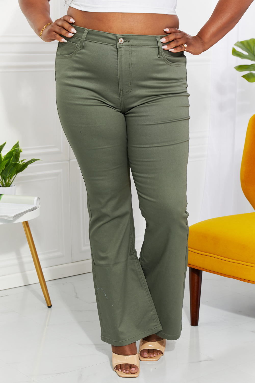 Zenana Clementine Full Size High-Rise Bootcut Jeans in Olive-Teresa&#39;s Fashionista LLC