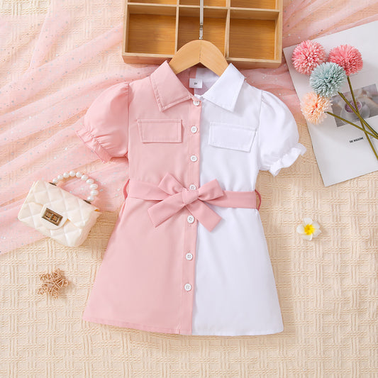 Girls Two-Tone Belted Shirt Dress-Teresa&#39;s Fashionista LLC