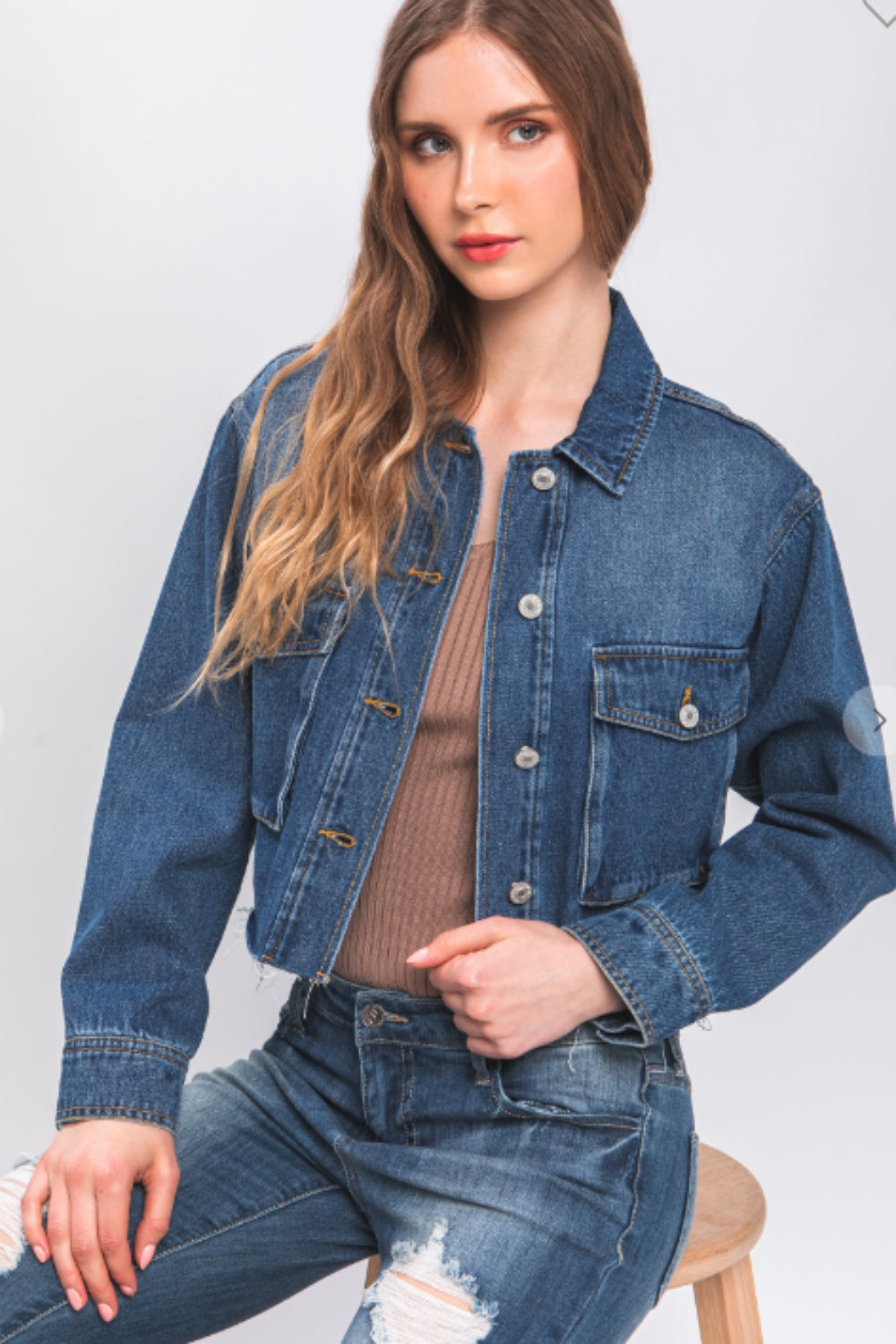 LOVE TREE Raw Hem Button Up Cropped Denim Jacket-Teresa&#39;s Fashionista LLC