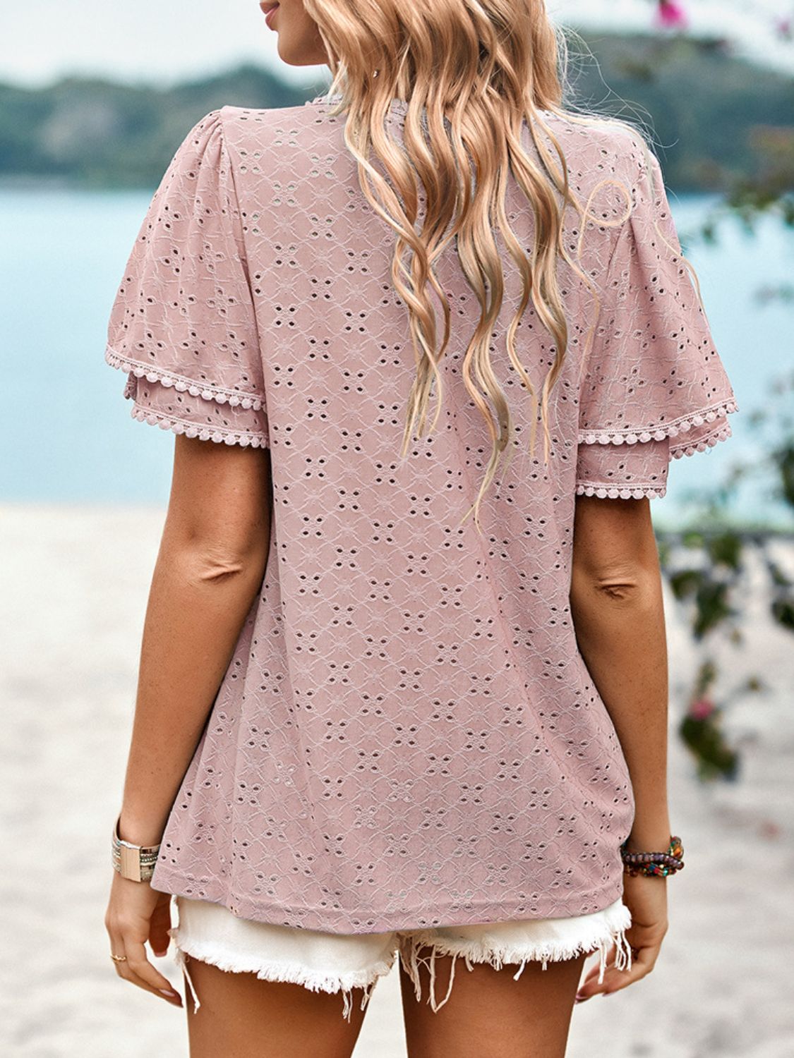 Eyelet Round Neck Puff Sleeve Blouse-Teresa&#39;s Fashionista LLC