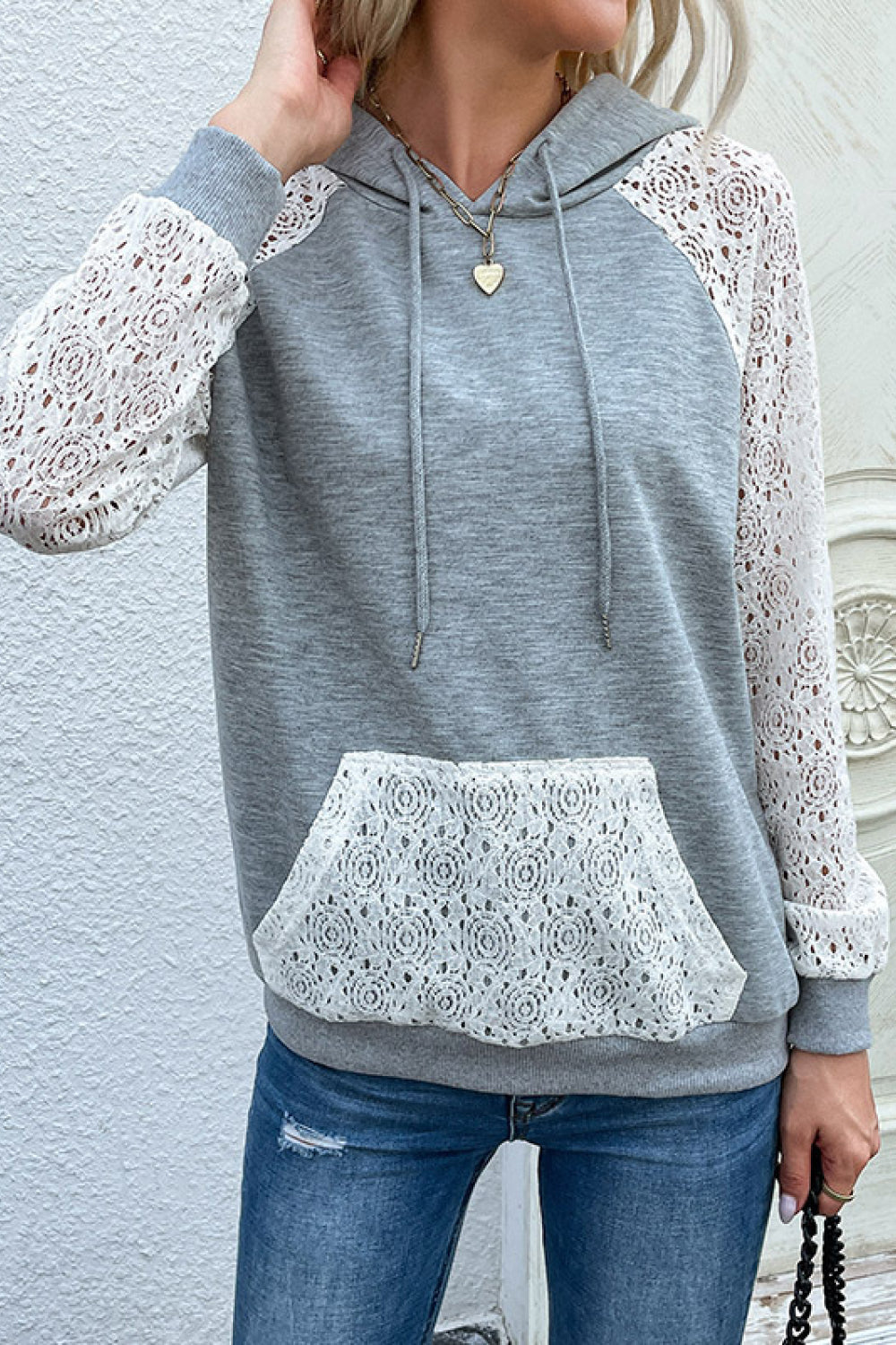 Lace Raglan Sleeve Drawstring Hoodie-Teresa&#39;s Fashionista LLC