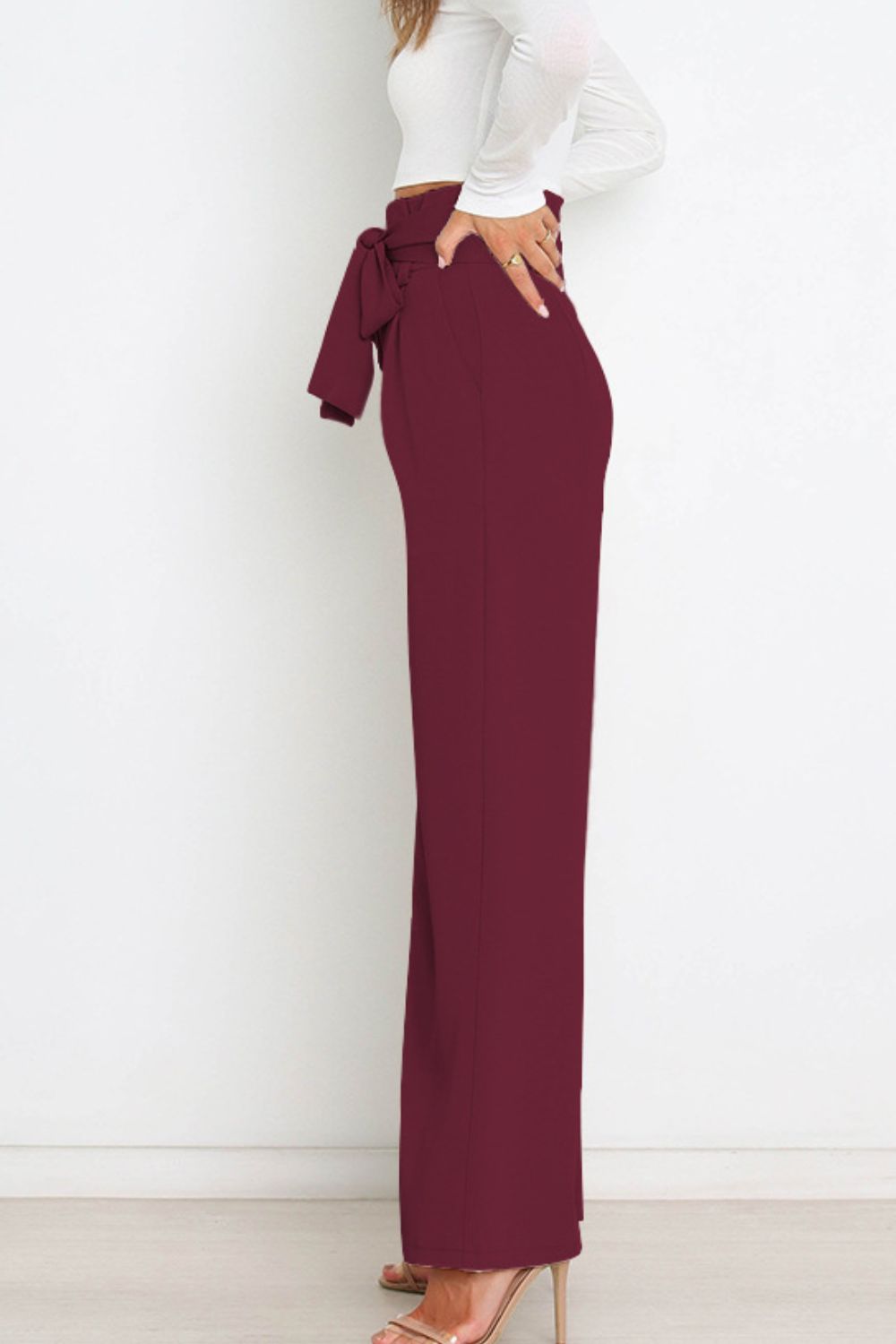 Tie Front Paperbag Wide Leg Pants-Teresa&#39;s Fashionista LLC