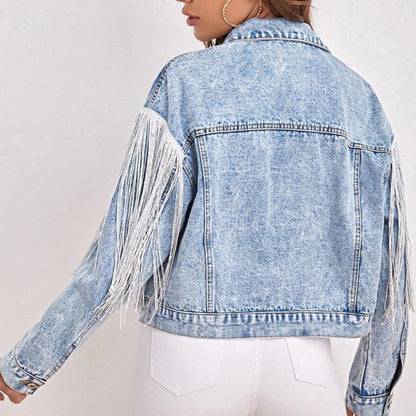 Fringe Detail Collared Neck Long Sleeve Denim Jacket-Teresa&#39;s Fashionista LLC