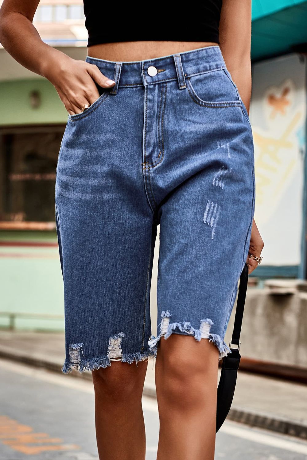 Raw Hem High Waist Denim Shorts with Pockets-Teresa&#39;s Fashionista LLC