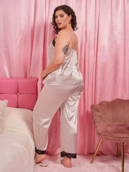 Plus Size Vertical Stripe Lace Trim Cami and Pants Pajama Set-Teresa&#39;s Fashionista LLC