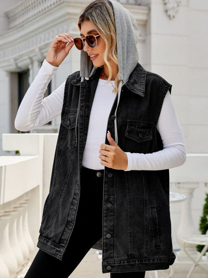 Drawstring Hooded Sleeveless Denim Top with Pockets-Teresa&#39;s Fashionista LLC