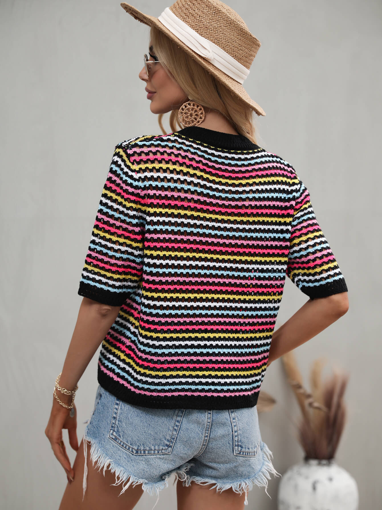 Striped Openwork Half Sleeve Knit Top-Teresa&#39;s Fashionista LLC