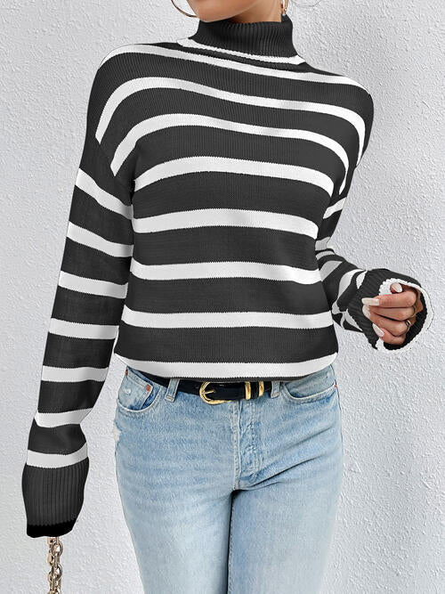 Striped Turtleneck Long Sleeve Sweater-Teresa&#39;s Fashionista LLC