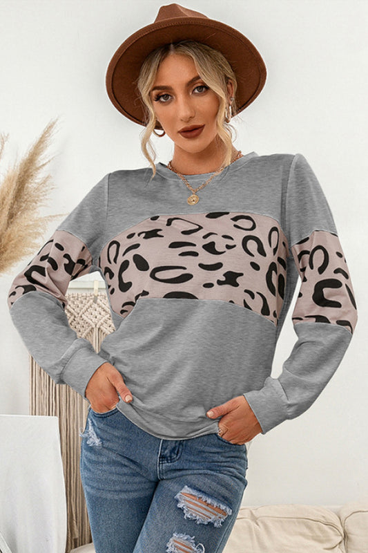 Contrast Leopard Crewneck Sweatshirt - Teresa's Fashionista LLC
