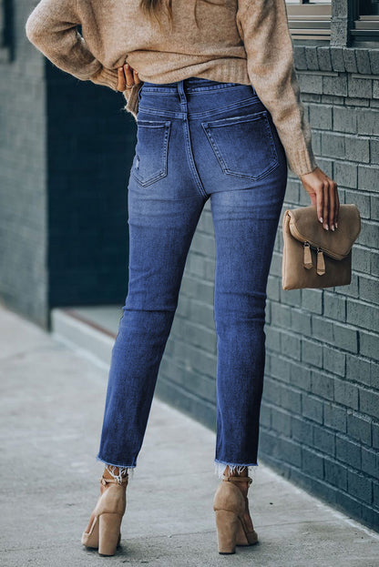 High Waist Raw Hem Skinny Jeans-Teresa&#39;s Fashionista LLC