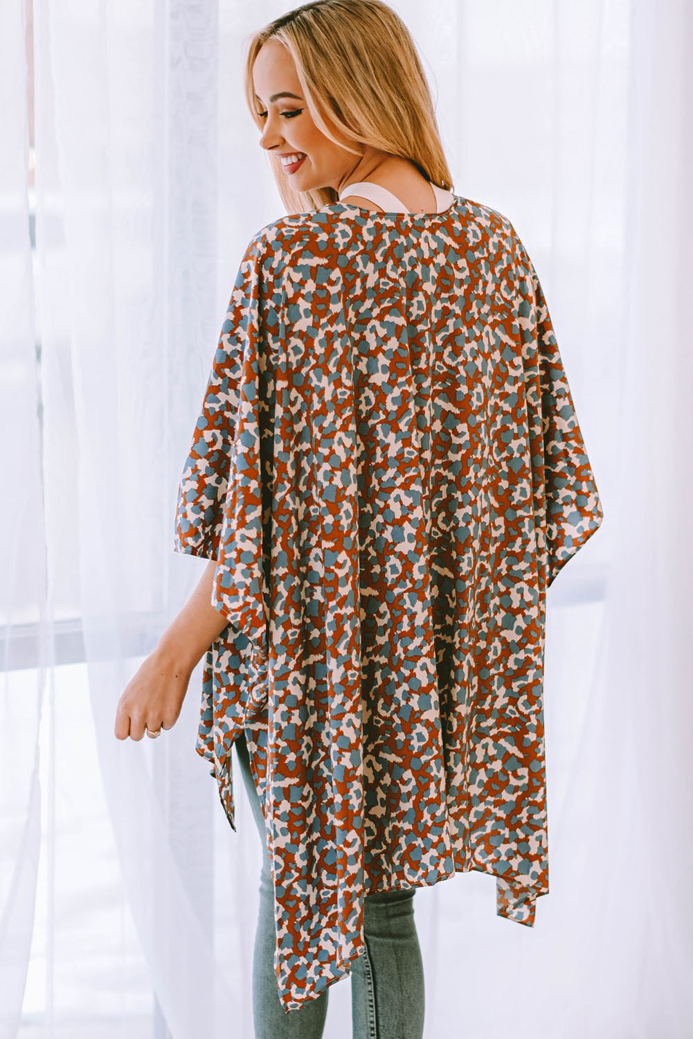 Printed Open Front Three-Quarter Sleeve Cover Up-Teresa&#39;s Fashionista LLC