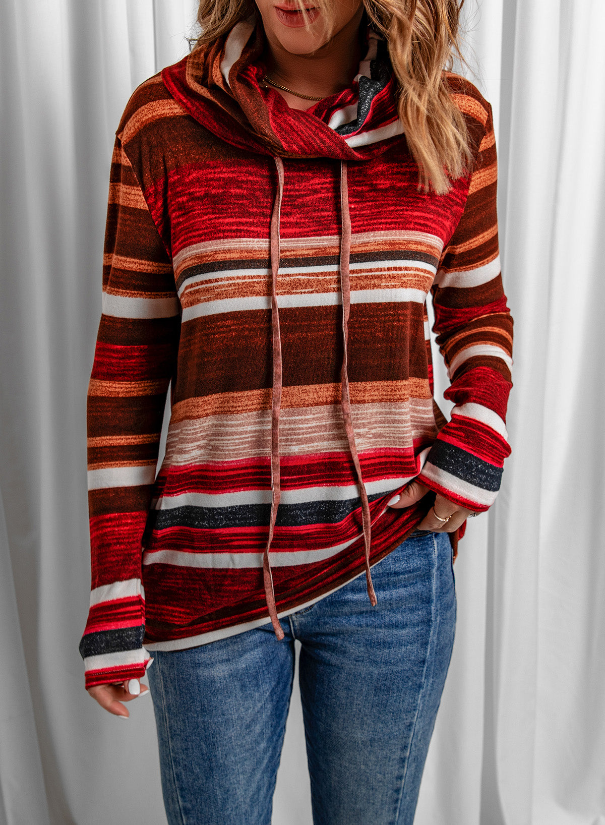 Striped Cowl Neck Tunic Sweatshirt-Teresa&#39;s Fashionista LLC