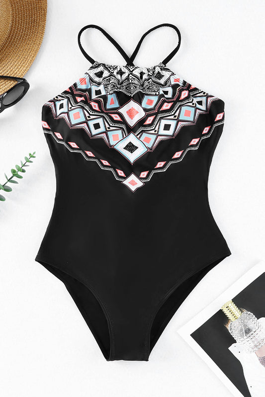 Geometric Print Tie Back One-Piece Swimsuit-Teresa&#39;s Fashionista LLC