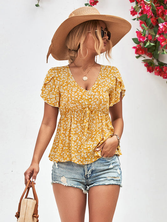 Floral Petal Sleeve Babydoll Top-Teresa&#39;s Fashionista LLC