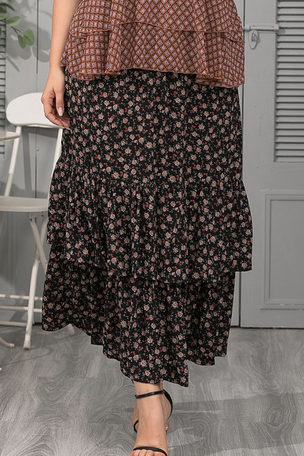 Plus Size Ditsy Floral Layered Maxi Skirt-Teresa&#39;s Fashionista LLC