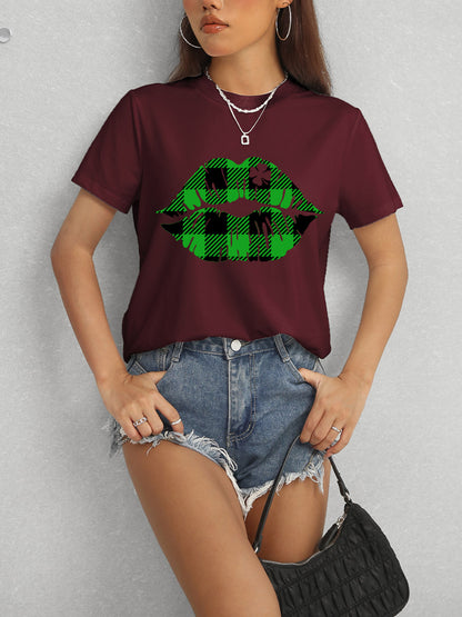 Plaid Lip Graphic Round Neck T-Shirt-Teresa&#39;s Fashionista LLC