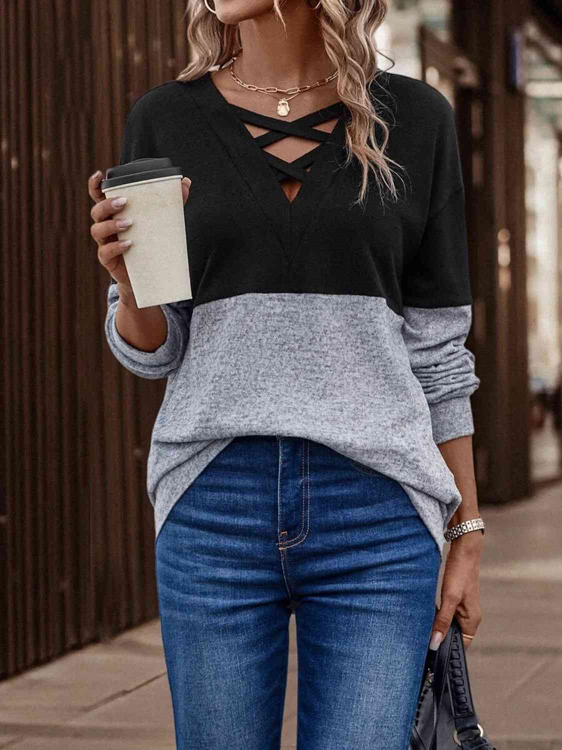 Two-Tone Crisscross Detail Sweatshirt-Teresa&#39;s Fashionista LLC