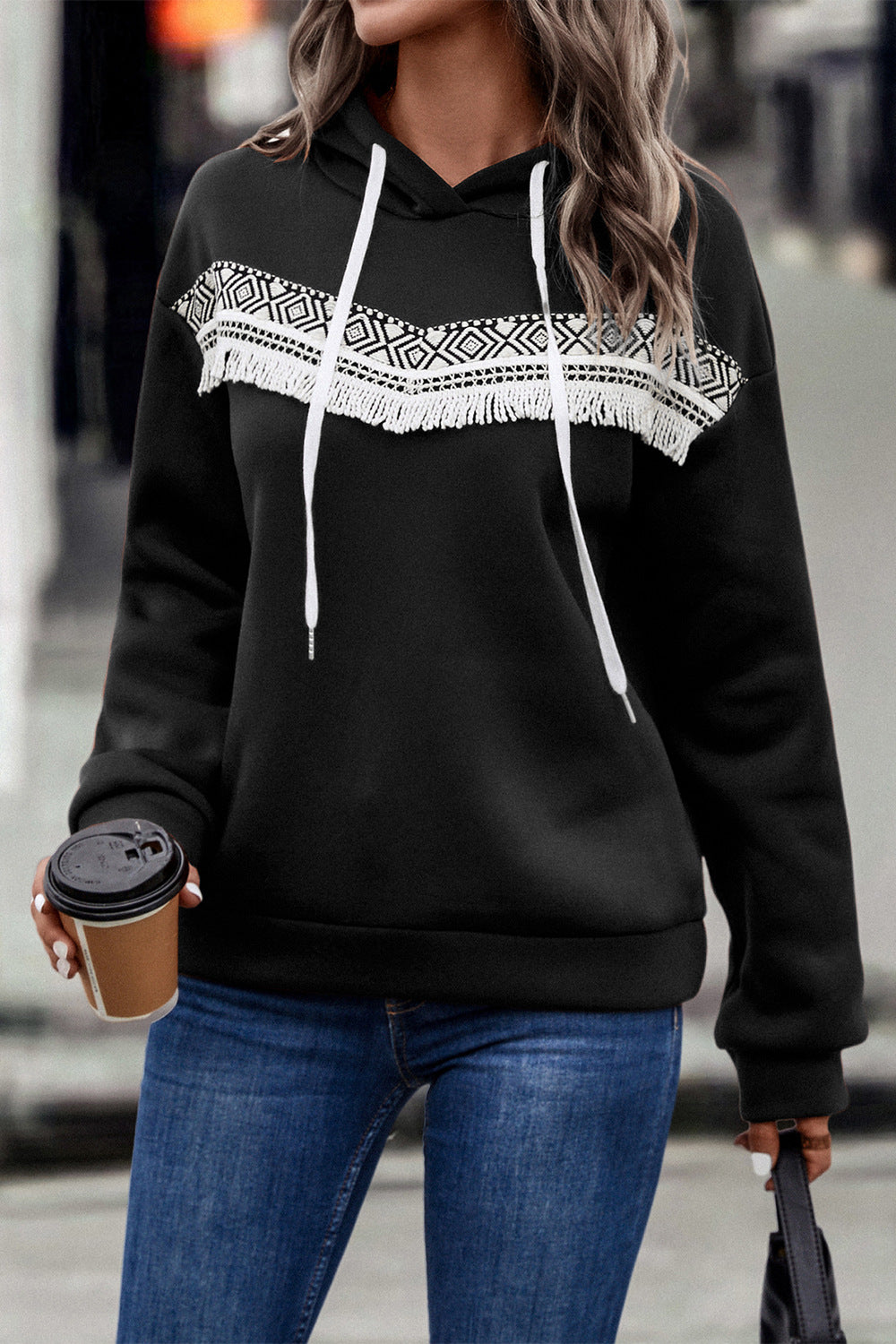 Contrast Fringe Detail Dropped Shoulder Hoodie-Teresa&#39;s Fashionista LLC