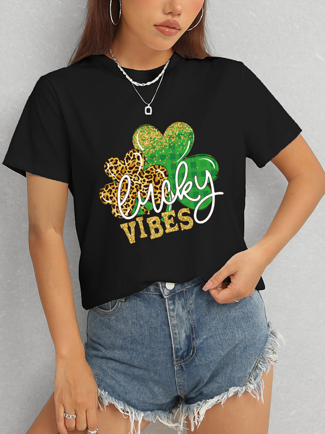 LUCKY VIBES Round Neck Short Sleeve T-Shirt-Teresa&#39;s Fashionista LLC