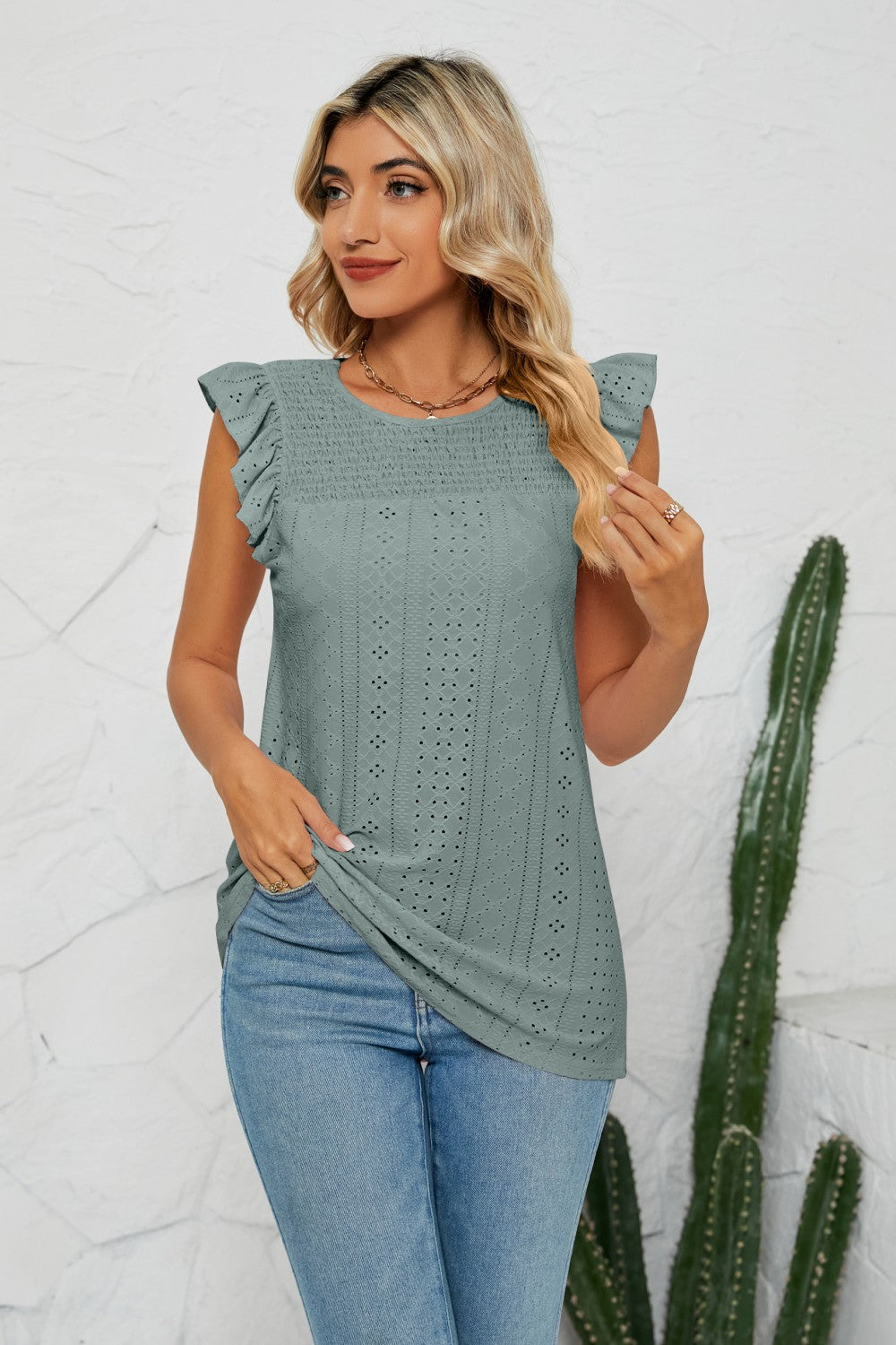 Smocked Round Neck Eyelet Top-Teresa&#39;s Fashionista LLC