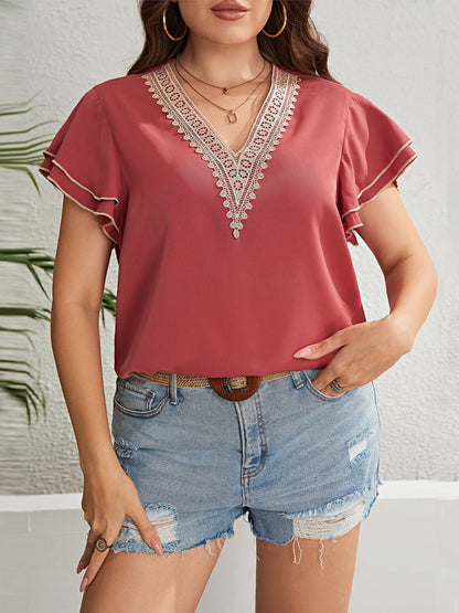 Plus Size Contrast V-Neck Layered Flutter Sleeve Blouse-Teresa&#39;s Fashionista LLC