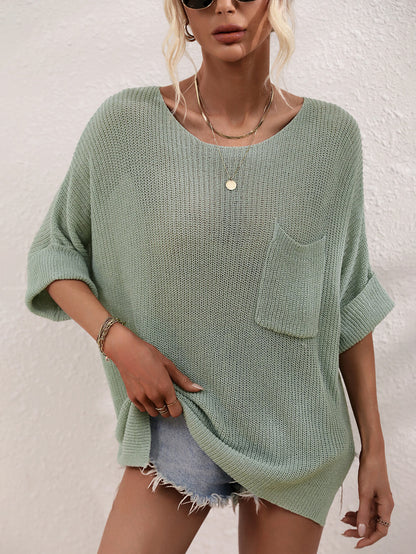 Boat Neck Cuffed Sleeve Slit Tunic Knit Top-Teresa&#39;s Fashionista LLC