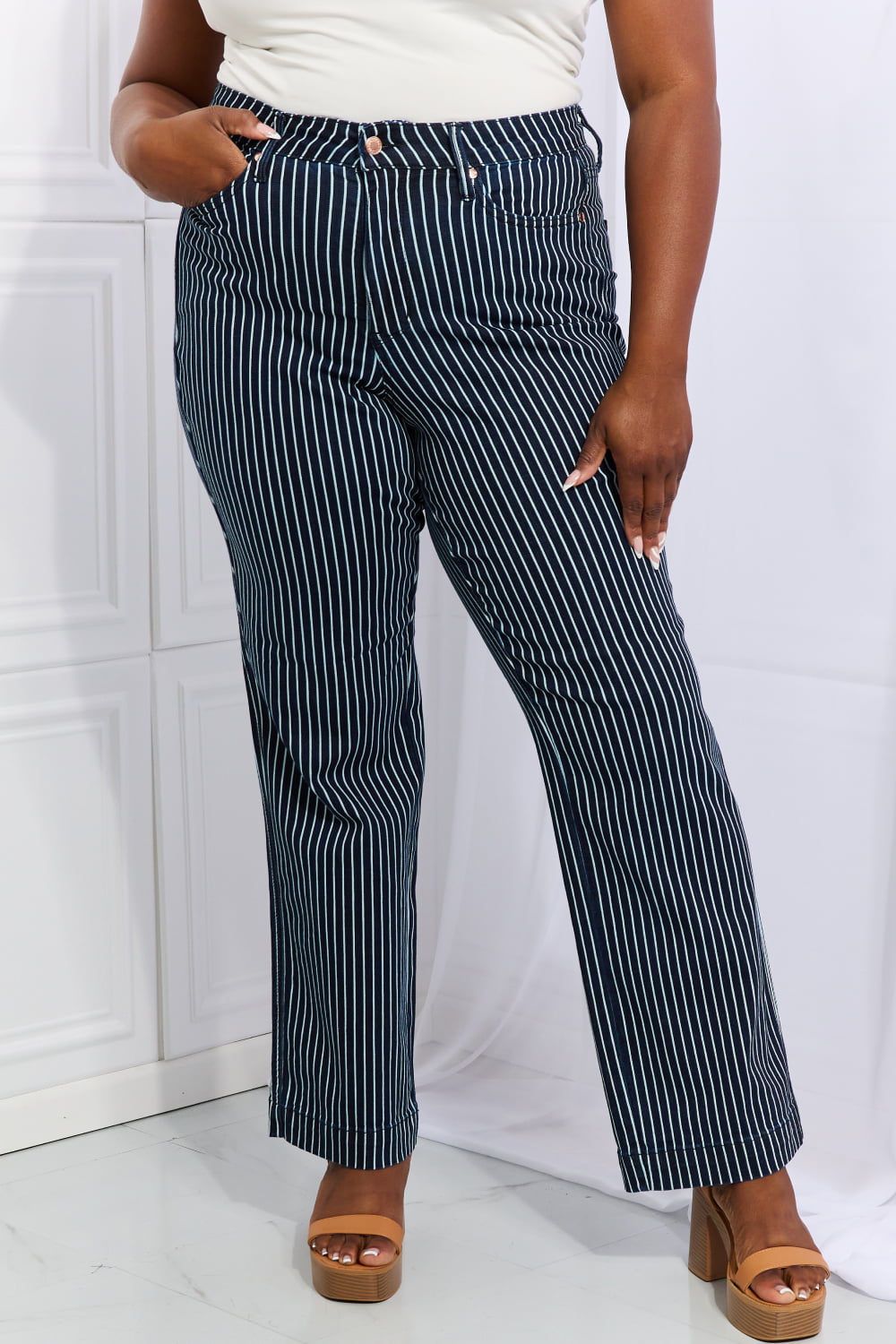 Judy Blue Cassidy Full Size High Waisted Tummy Control Striped Straight Jeans-Teresa&#39;s Fashionista LLC