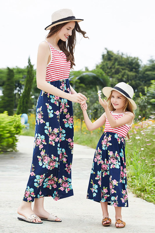 Girls Striped Floral Sleeveless Dress-Teresa&#39;s Fashionista LLC