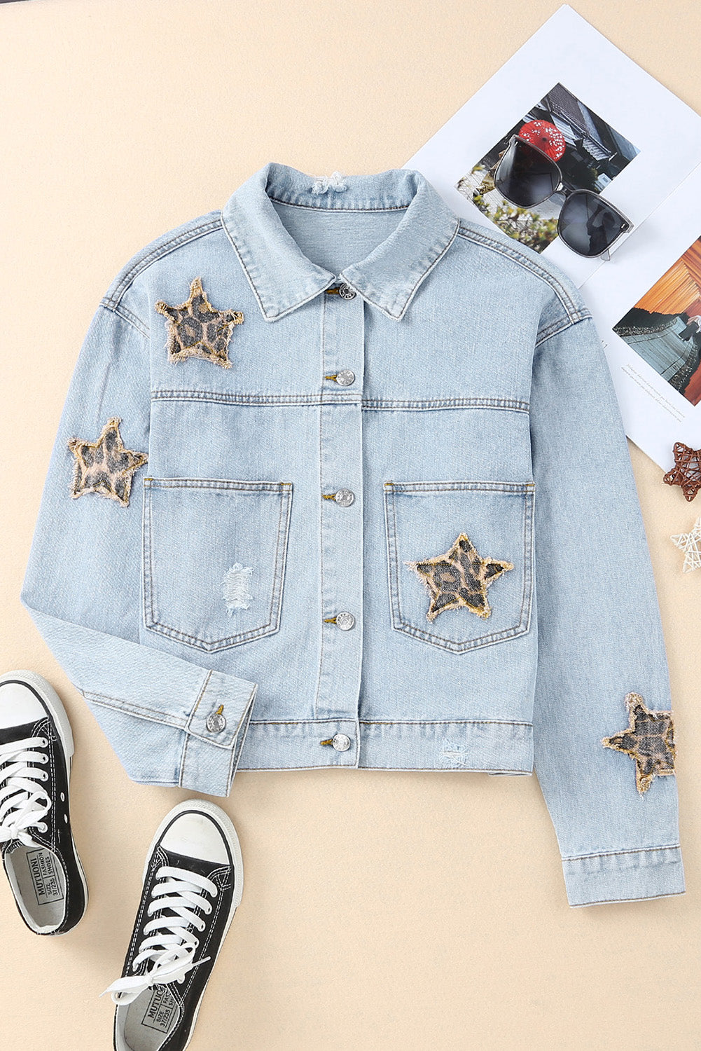 Leopard Star Applique Distressed Denim Jacket-Teresa&#39;s Fashionista LLC