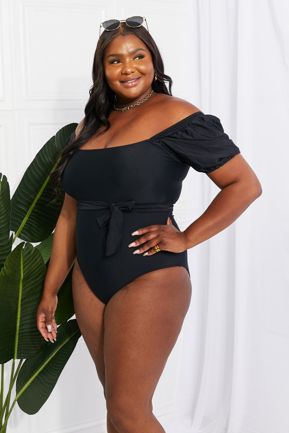 Marina West Swim Salty Air Puff Sleeve One-Piece in Black-Teresa&#39;s Fashionista LLC