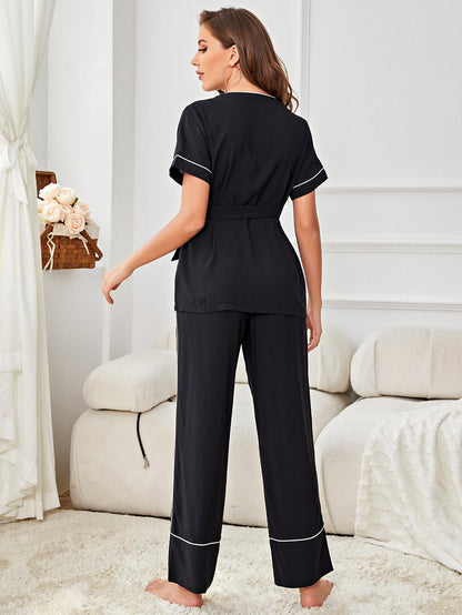 Contrast Piping Belted Top and Pants Pajama Set-Teresa&#39;s Fashionista LLC