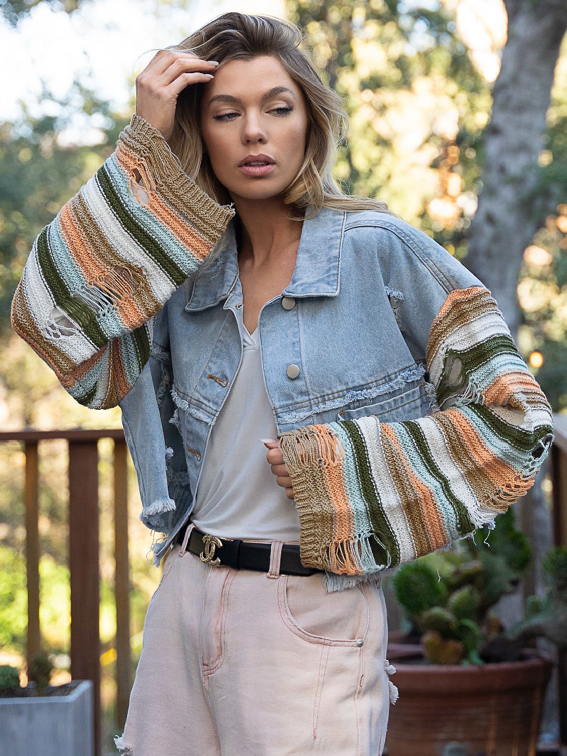 Distressed Striped Long Sleeve Denim Jacket-Teresa&#39;s Fashionista LLC