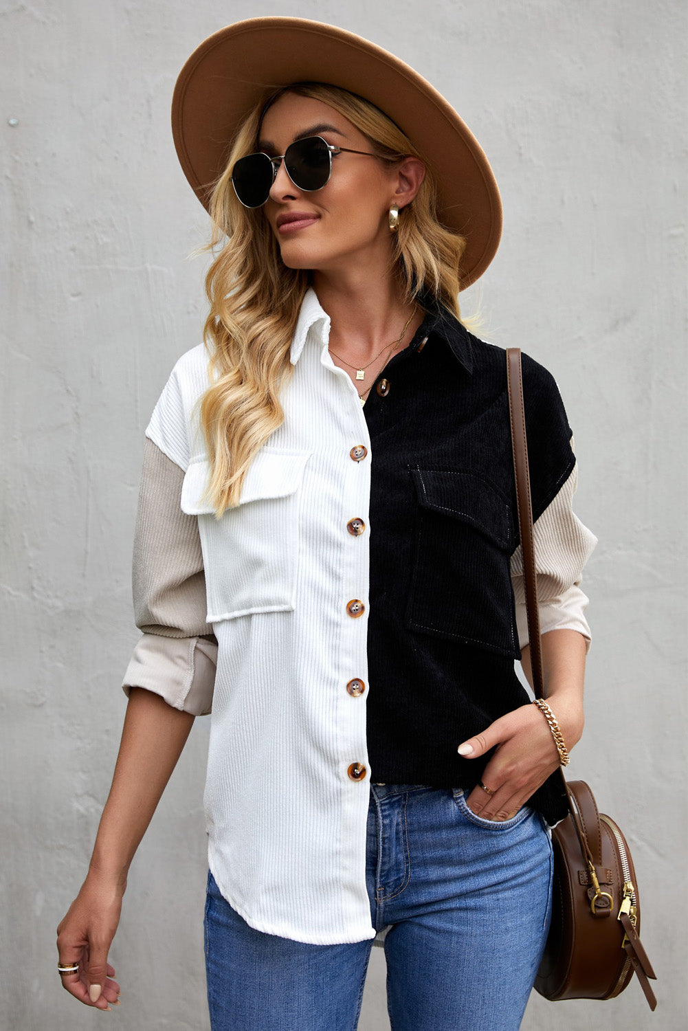 Color Block Button Front Shirt with Pockets-Teresa&#39;s Fashionista LLC