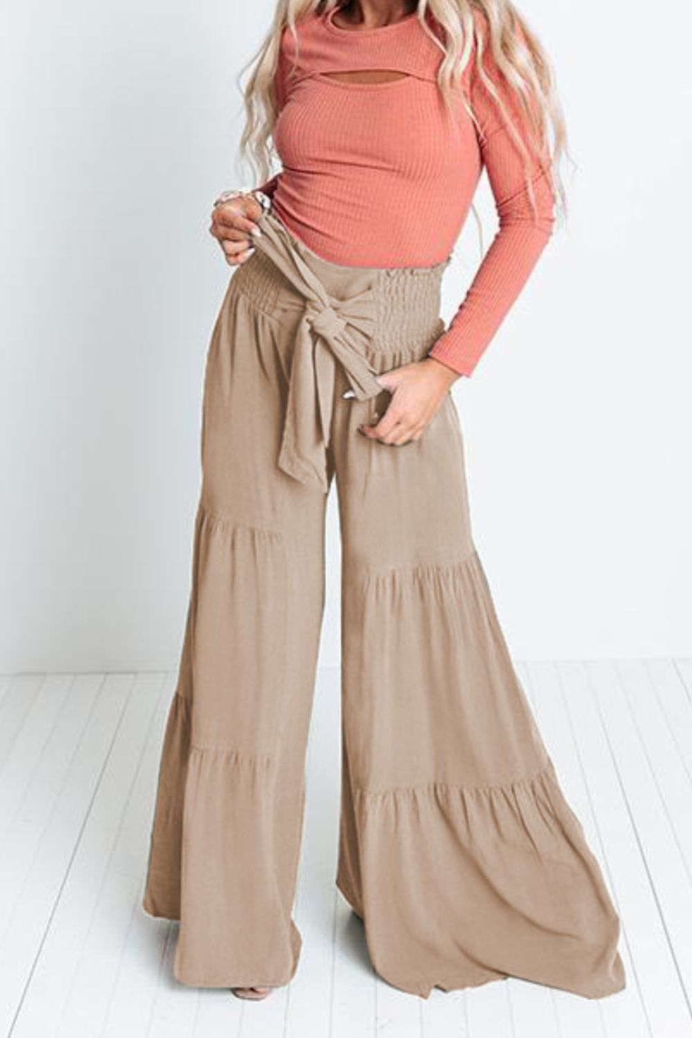 Tie Front Smocked Tiered Culottes-Teresa&#39;s Fashionista LLC