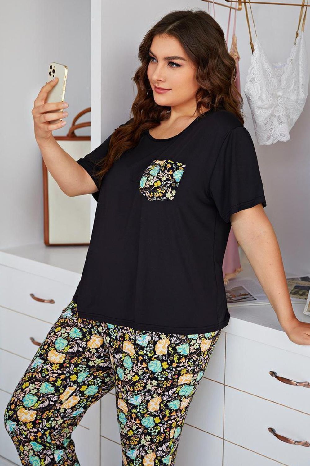 Plus Size Contrast Round Neck Tee and Floral Pants Lounge Set-Teresa&#39;s Fashionista LLC