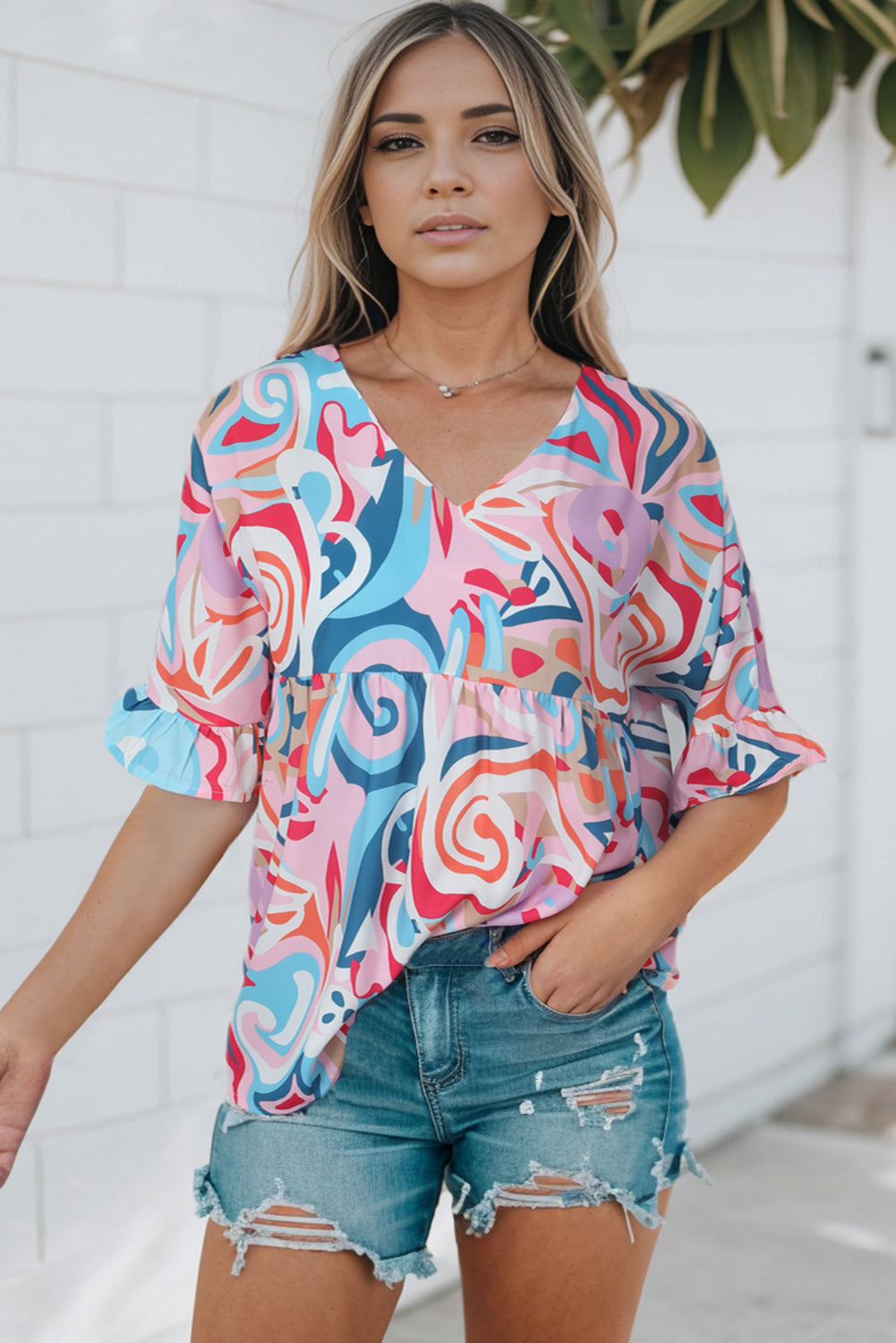 Printed V-Neck Flounce Sleeve Blouse-Teresa&#39;s Fashionista LLC