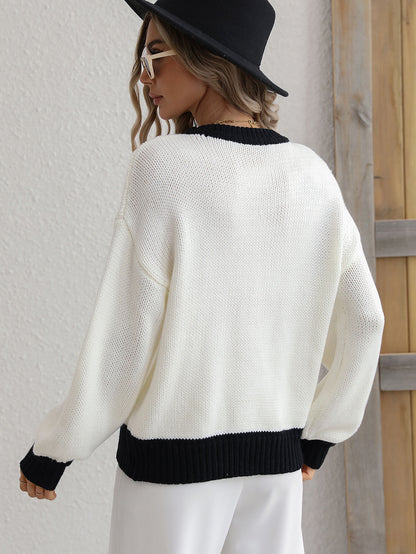 Contrast Trim Drop Shoulder Pullover Sweater-Teresa&#39;s Fashionista LLC