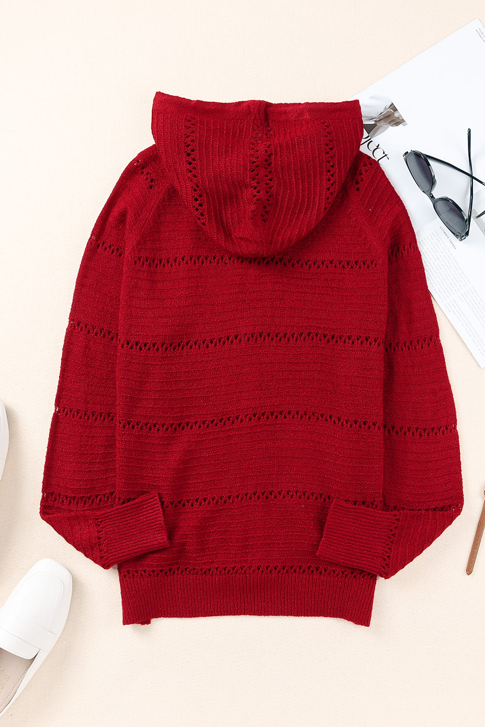 Zip-Up Raglan Sleeve Openwork Hooded Cardigan-Teresa&#39;s Fashionista LLC