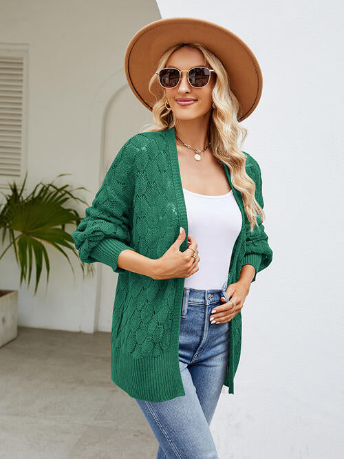 Openwork Open Front Lantern Sleeve Cardigan-Teresa&#39;s Fashionista LLC