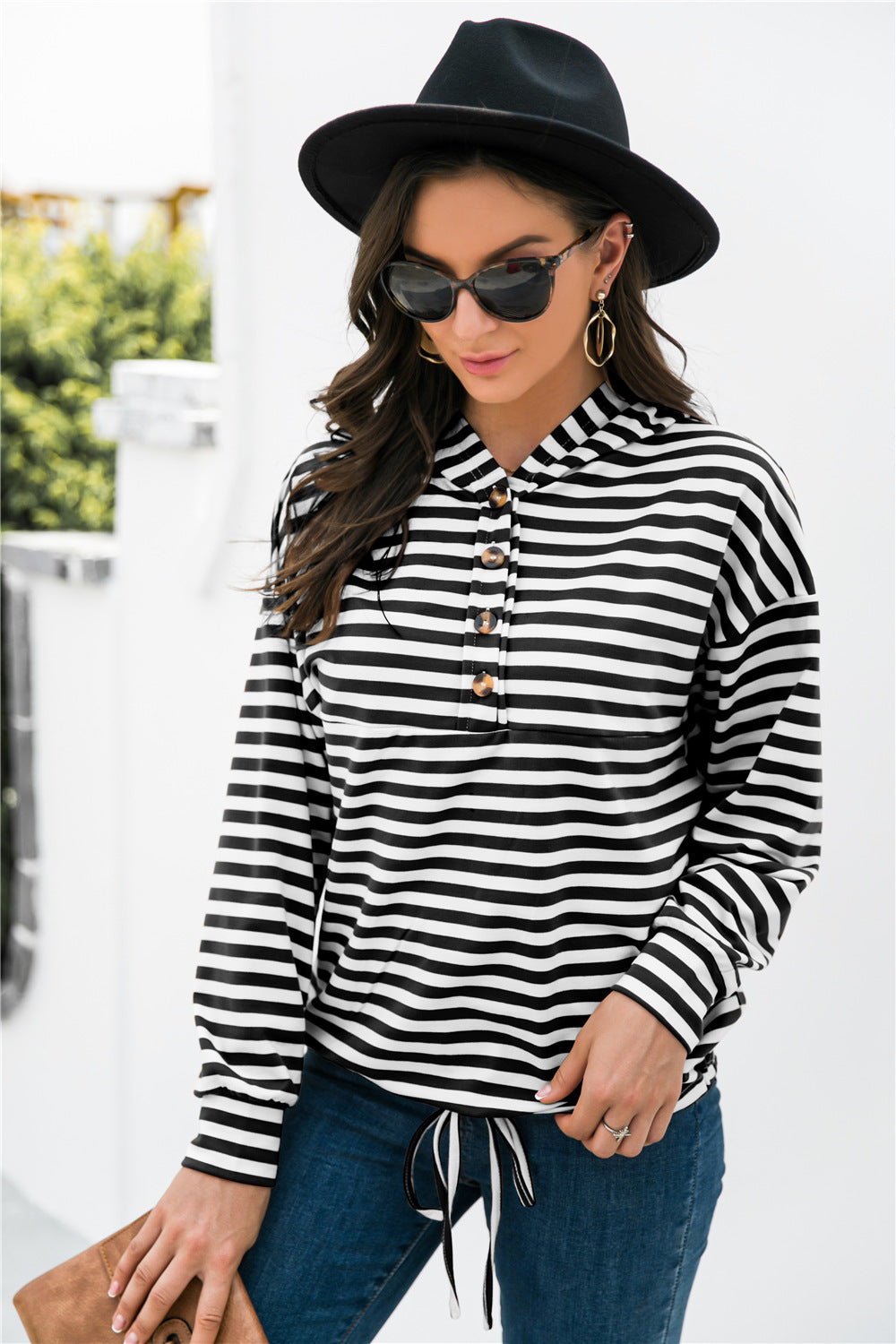 Striped Half-Button Dropped Shoulder Hoodie-Teresa&#39;s Fashionista LLC