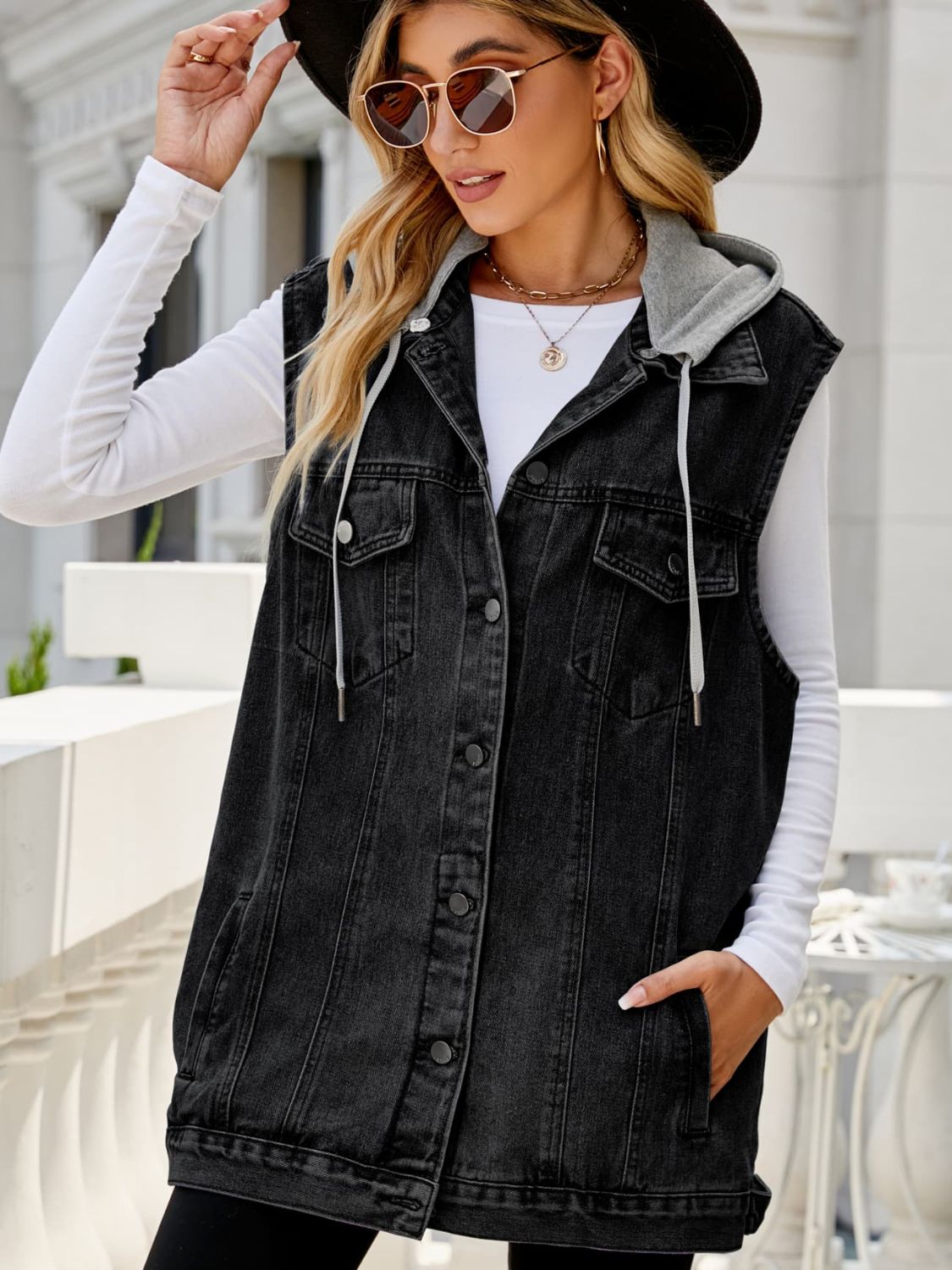 Drawstring Hooded Sleeveless Denim Top with Pockets-Teresa&#39;s Fashionista LLC